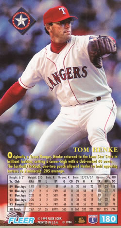 1994 Fleer Extra Bases #180 Tom Henke Back