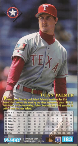 1994 Fleer Extra Bases #183 Dean Palmer Back