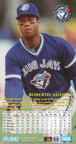 1994 Fleer Extra Bases #186 Roberto Alomar Back