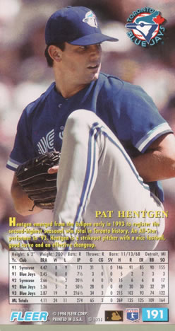 1994 Fleer Extra Bases #191 Pat Hentgen Back