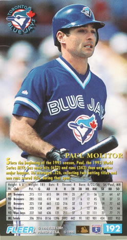 1994 Fleer Extra Bases #192 Paul Molitor Back
