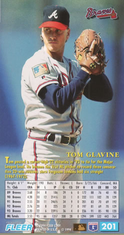 1994 Fleer Extra Bases #201 Tom Glavine Back