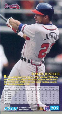 1994 Fleer Extra Bases #202 David Justice Back