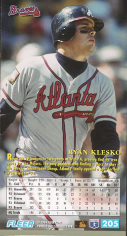 1994 Fleer Extra Bases #205 Ryan Klesko Back