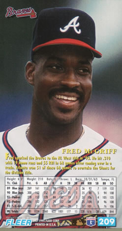 1994 Fleer Extra Bases #209 Fred McGriff Back