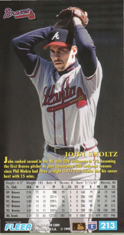 1994 Fleer Extra Bases #213 John Smoltz Back