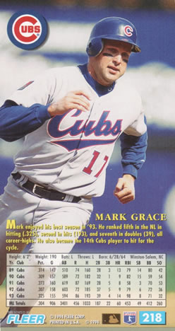 1994 Fleer Extra Bases #218 Mark Grace Back