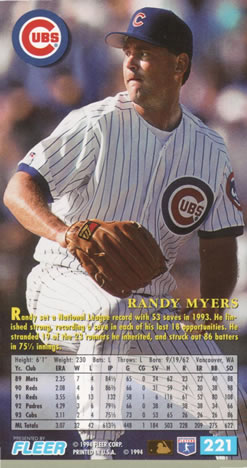 1994 Fleer Extra Bases #221 Randy Myers Back