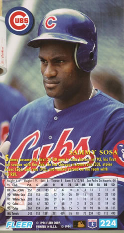 1994 Fleer Extra Bases #224 Sammy Sosa Back