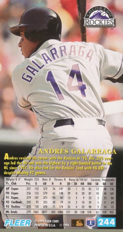 1994 Fleer Extra Bases #244 Andres Galarraga Back