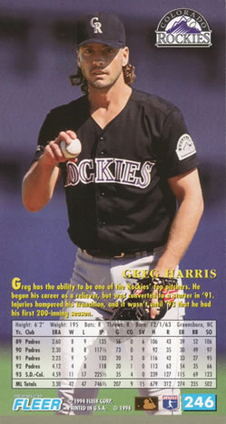 1994 Fleer Extra Bases #246 Greg Harris Back