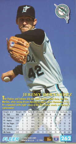 1994 Fleer Extra Bases #262 Jeremy Hernandez Back