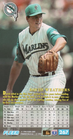 1994 Fleer Extra Bases #267 David Weathers Back