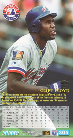 1994 Fleer Extra Bases #305 Cliff Floyd Back