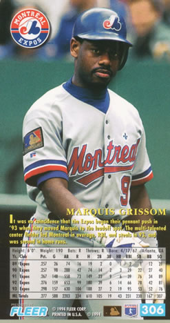 1994 Fleer Extra Bases #306 Marquis Grissom Back