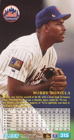 1994 Fleer Extra Bases #315 Bobby Bonilla Back