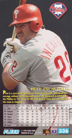 1994 Fleer Extra Bases #336 Pete Incaviglia Back