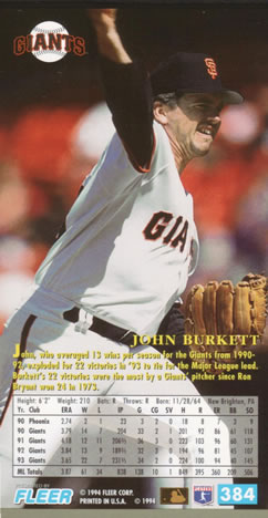 1994 Fleer Extra Bases #384 John Burkett Back