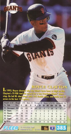 1994 Fleer Extra Bases #385 Royce Clayton Back