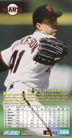 1994 Fleer Extra Bases #386 Bryan Hickerson Back