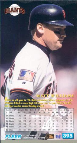 1994 Fleer Extra Bases #395 Matt Williams Back