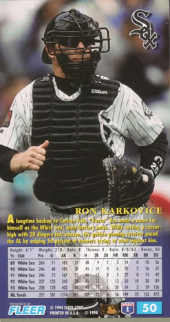 1994 Fleer Extra Bases #50 Ron Karkovice Back