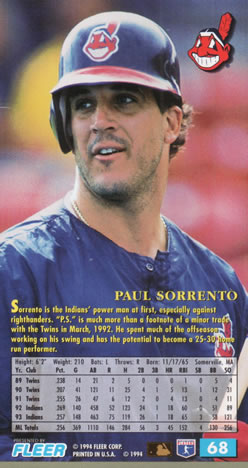 1994 Fleer Extra Bases #68 Paul Sorrento Back