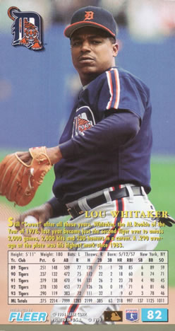 1994 Fleer Extra Bases #82 Lou Whitaker Back