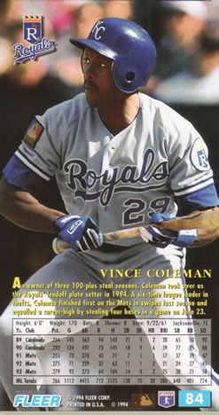 1994 Fleer Extra Bases #84 Vince Coleman Back