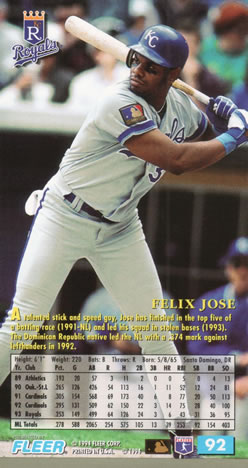 1994 Fleer Extra Bases #92 Felix Jose Back