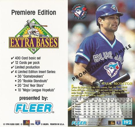 1994 Fleer Extra Bases #192 Paul Molitor Back