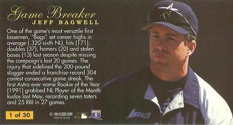 1994 Fleer Extra Bases - Game Breakers #1 Jeff Bagwell Back
