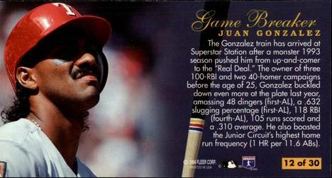 1994 Fleer Extra Bases - Game Breakers #12 Juan Gonzalez Back