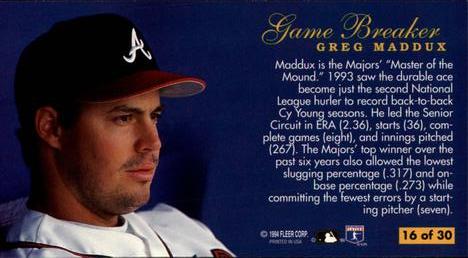 1994 Fleer Extra Bases - Game Breakers #16 Greg Maddux Back