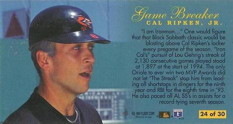 1994 Fleer Extra Bases - Game Breakers #24 Cal Ripken Jr. Back