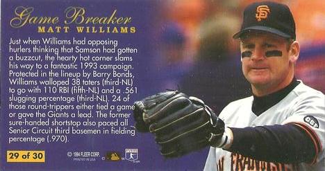 1994 Fleer Extra Bases - Game Breakers #29 Matt Williams Back