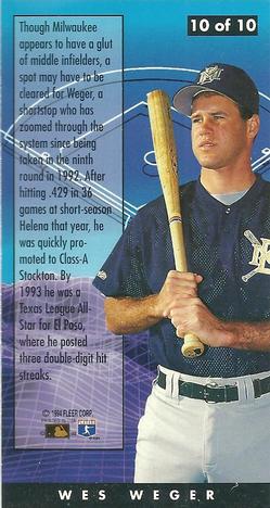 1994 Fleer Extra Bases - Major League Hopefuls #10 Wes Weger Back