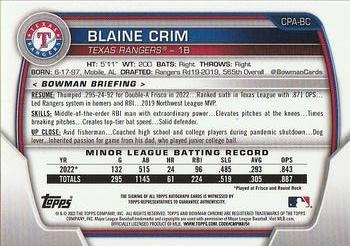 2023 Bowman - Chrome Prospect Autographs Blue Refractor #CPA-BC Blaine Crim Back