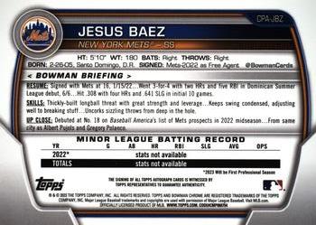 2023 Bowman - Chrome Prospect Autographs Blue Refractor #CPA-JBZ Jesus Baez Back