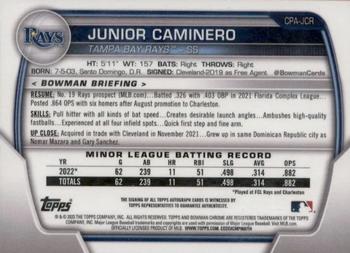 2023 Bowman - Chrome Prospect Autographs Blue Refractor #CPA-JCR Junior Caminero Back