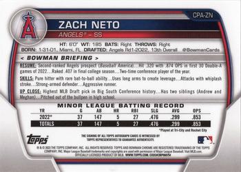 2023 Bowman - Chrome Prospect Autographs Blue Refractor #CPA-ZN Zach Neto Back