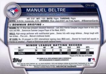 2023 Bowman - Chrome Prospect Autographs Gold Refractor #CPA-MB Manuel Beltre Back