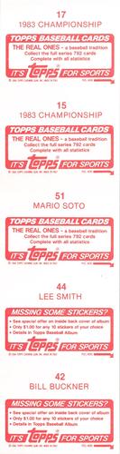1984 Topps Stickers - Test Strips #15 / 17 / 42 / 44 / 51 1983 Championship / 1983 Championship / Mario Soto / Lee Smith / Bill Buckner Back