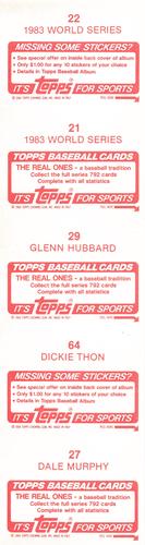 1984 Topps Stickers - Test Strips #21 / 22 / 27 / 29 / 64 1983 World Series / 1983 World Series / Glenn Hubbard / Dickie Thon / Dale Murphy Back