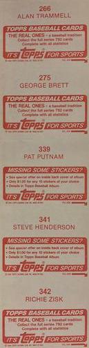 1984 Topps Stickers - Test Strips #266 / 275 / 339 / 341 / 342 Alan Trammell / George Brett / Pat Putnam / Steve Henderson / Richie Zisk Back