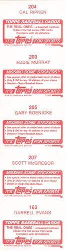 1984 Topps Stickers - Test Strips #163 / 203 / 204 / 205 / 207 Cal Ripken / Eddie Murray / Gary Roenicke / Scott McGregor / Darrell Evans Back
