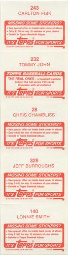 1984 Topps Stickers - Test Strips #28 / 140 / 232 / 243 / 329 Carlton Fisk / Tommy John / Chris Chambliss / Jeff Burroughs / Lonnie Smith Back