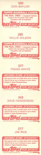 1984 Topps Stickers - Test Strips #217 / 277 / 280 / 320 / 343 Don Baylor / Willie Wilson / Frank White / Dave Henderson / Jim Rice Back