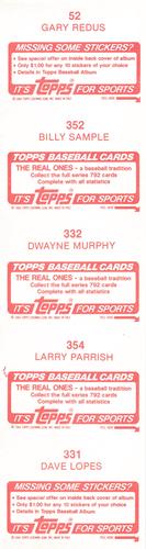 1984 Topps Stickers - Test Strips #52 / 331 / 332 / 352 / 354 Gary Redus / Billy Sample / Dwayne Murphy / Larry Parrish / Dave Lopes Back
