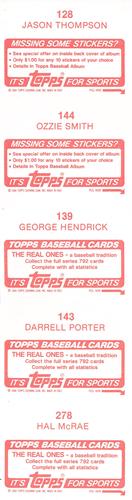 1984 Topps Stickers - Test Strips #128 / 139 / 143 / 144 / 278 Jason Thompson / Ozzie Smith / George Hendrick / Darrell Porter / Hal McRae Back
